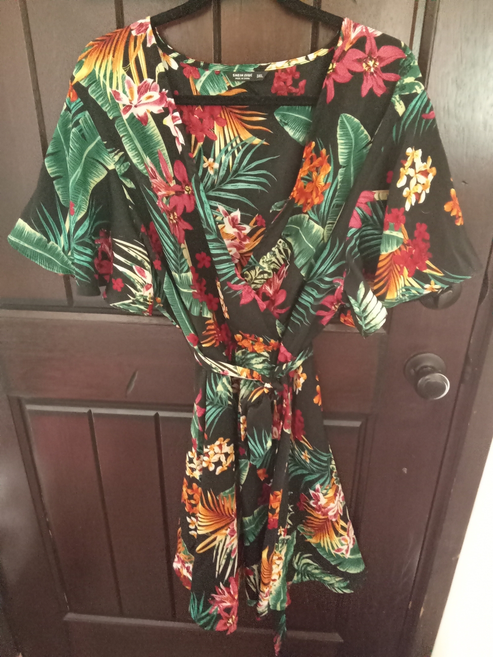 SHEIN Black Tropical Floral Wrap Dress with Green & Orange Accents